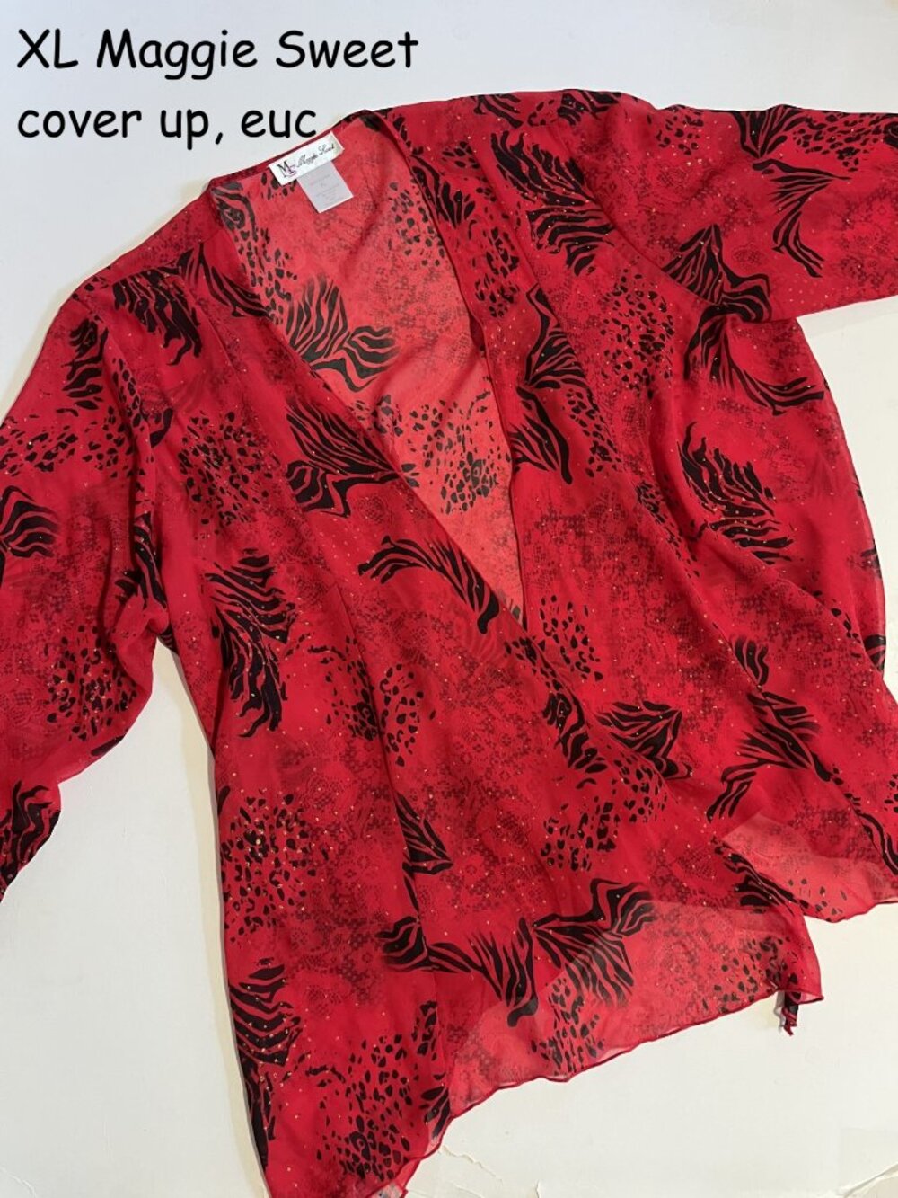 XL Maggie Sweet kimono cover-up, red with black tiger stripes, sparkly